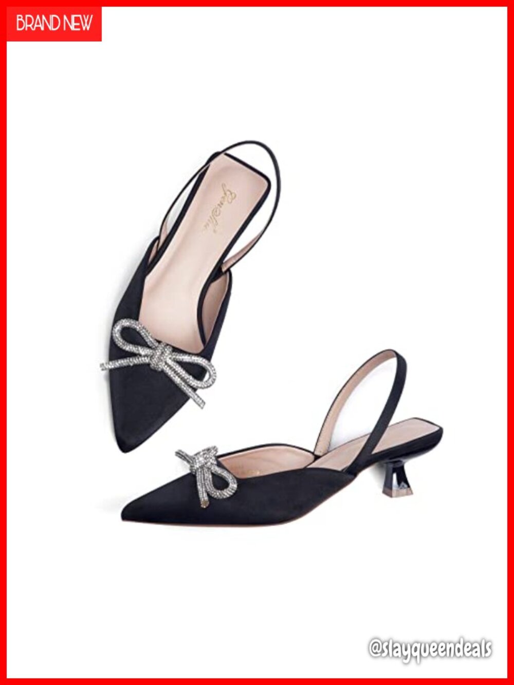 Slingback Kitten Heels Pointed Toe Satin Rhinestone Bow Pumps for Wedding Bride